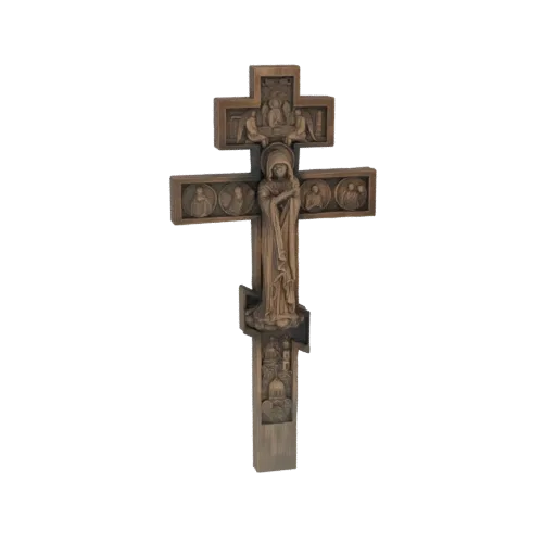 3D model of an Orthodox crucifix with a central saint figure, angelic carvings, and small narrative scenes.