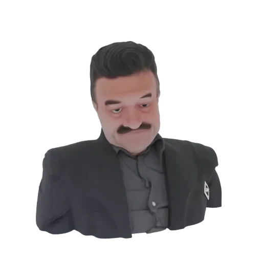 3D model of a serious man with a mustache wearing a black suit and dark shirt, looking down slightly.
