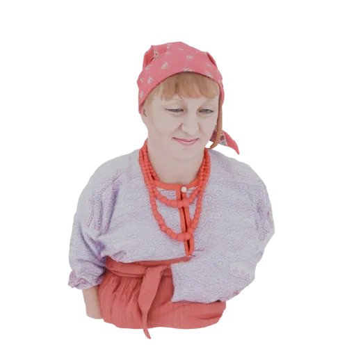 3D model of a Ukrainian woman in traditional folk costume, wearing a pink headscarf and red beaded necklace.