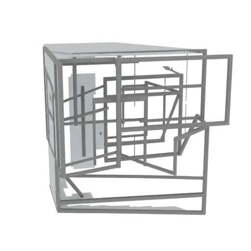 3D model of an abstract glass installation with multiple transparent panels in a black metal frame, arranged geometrically.