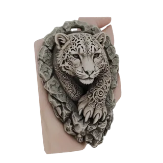 3D model of a leopard with ornate swirling patterns emerging from a textured stone relief, rendered in a monochromatic stone-