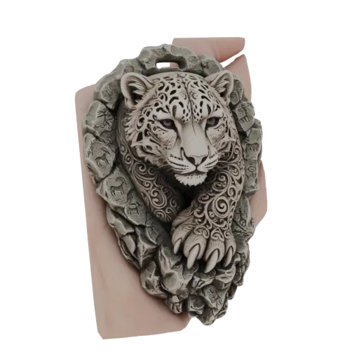 3D model of a leopard with ornate swirling patterns emerging from a textured stone relief, rendered in a monochromatic stone-