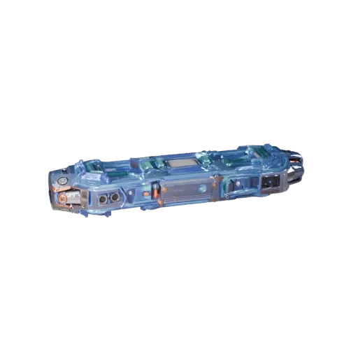 Holographic Energy Cell 3D model, three-quarter front view, Unity viewport, showing emissive strips, form detail.