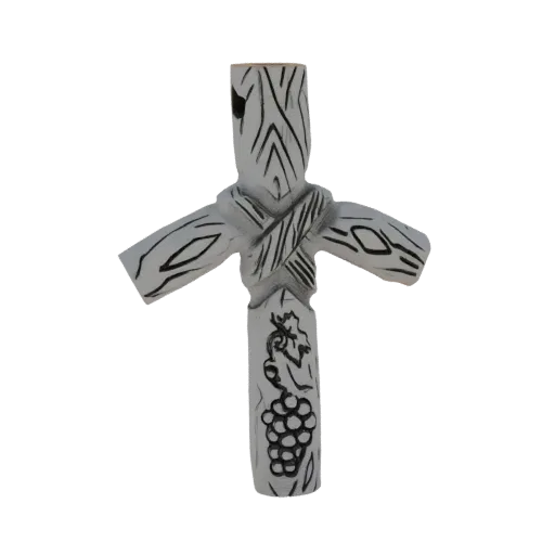 A 3D render of a rustic wooden cross with carved grapevines and a bunch of grapes, presented on a white background.