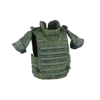 3D model of a green tactical body armor vest with MOLLE webbing and padded shoulders, isolated on a white background.
