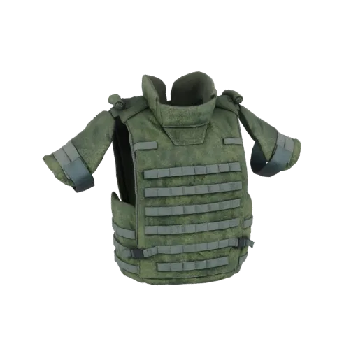 3D model of a green tactical body armor vest with MOLLE webbing and padded shoulders, isolated on a white background.
