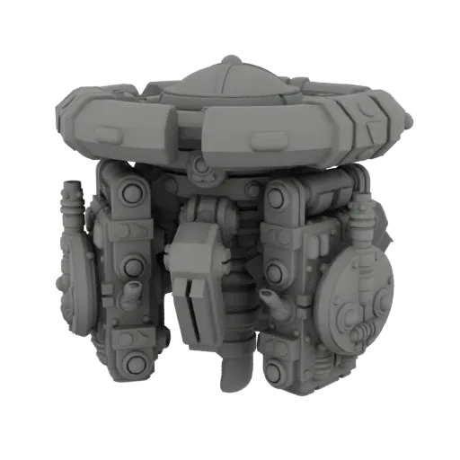 Render 3D de uma unidade de drone sci-fi detalhada com topo em cúpula e componentes mecânicos complexos.