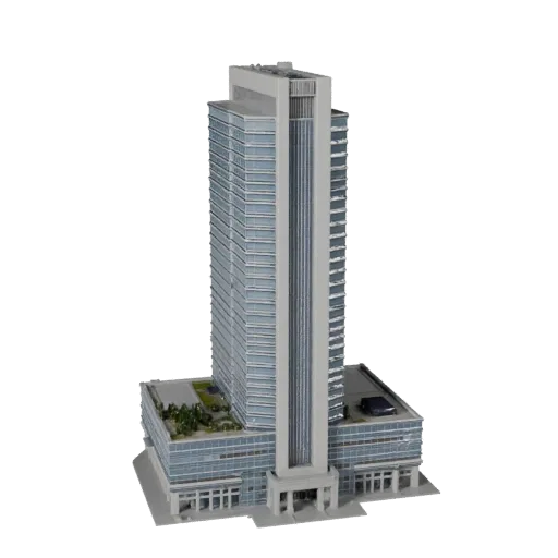Futuristic Skyscraper Unreal Engine-ready 3D model, Unreal Engine viewport, showing commercial office building materials and architectural detail