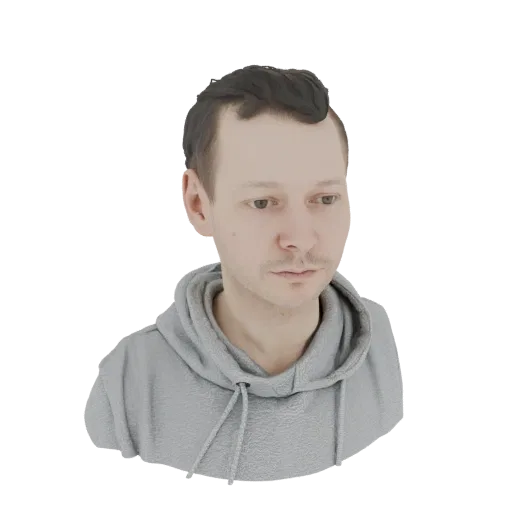 3D model render of a young man with short brown hair wearing a grey hoodie, looking to the side.