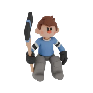 Un rendu 3D d'un personnage de joueur de hockey mignon et stylisé, assis et tenant une crosse, avec un maillot bleu clair et