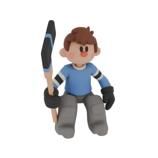 عرض ثلاثي الأبعاد لشخصية لاعب هوكي لطيف بأسلوب فني جالسًا ويمسك بعصا هوكي، بقميص أزرق فاتح وواقيات ساق رمادية.