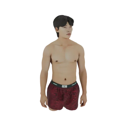 3D model of a young man with dark hair, standing and wearing red patterned boxer briefs, looking to the side.