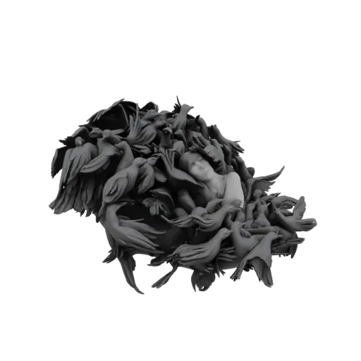 3D model of a sleeping woman nestled within a dense cluster of sculpted birds, rendered in grayscale.
