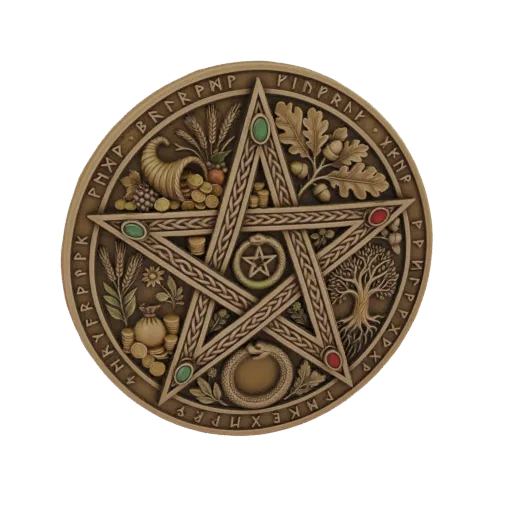 3D model of an ornate bronze pentagram with seasonal symbols like a cornucopia, oak leaves, a tree of life, and runes, center