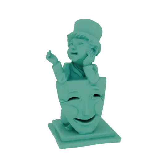3D model of a teal-colored figurine of a boy in a top hat peeking from behind a smiling theatrical mask.