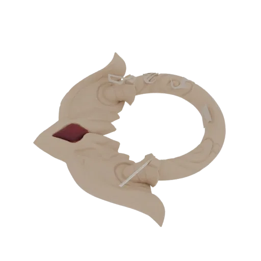 3D model of an ornate ring with intricate carvings and a deep red gemstone at its center, presented on a white background.
