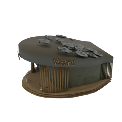 3D model of a futuristic organic pavilion with a leaf-like roof and wood slat walls, viewed from a three-quarter angle.