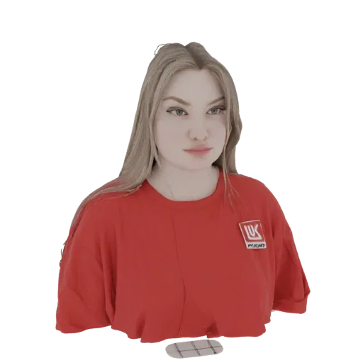 3D model of a young woman with blonde hair wearing a red t-shirt with a white and red logo.