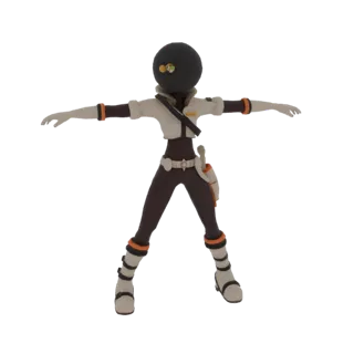 Modello 3D di un personaggio esploratore sci-fi con testa sferica nera, occhi luminosi e outfit futuristico bianco e marrone,