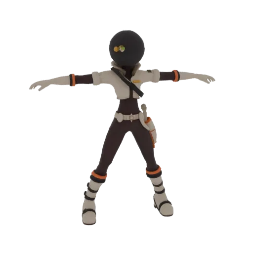 Modello 3D di un personaggio esploratore sci-fi con testa sferica nera, occhi luminosi e outfit futuristico bianco e marrone,