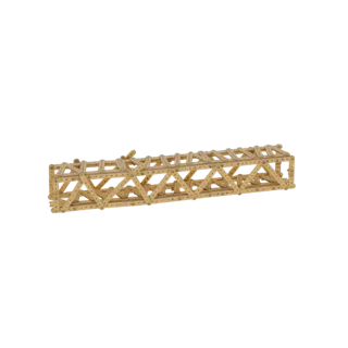 3D model of a modular lattice truss bridge section with a wood-like texture, showing intricate triangular bracing.