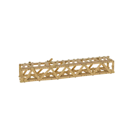 3D model of a modular lattice truss bridge section with a wood-like texture, showing intricate triangular bracing.