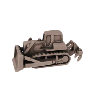 3D model of a beige-colored heavy-duty bulldozer with a large front blade and a rear ripper attachment, shown against a black