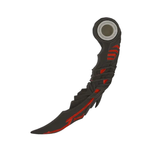 3D model of a futuristic cybernetic karambit knife with a dark metallic finish and glowing red accents.