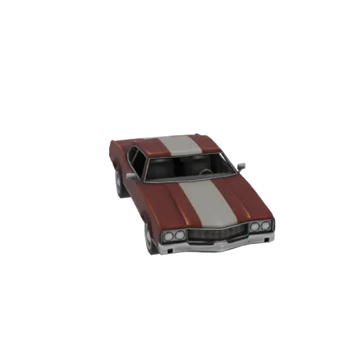 3D model of a classic 1970s muscle car in red with white racing stripes, viewed from a slightly elevated front-right angle.