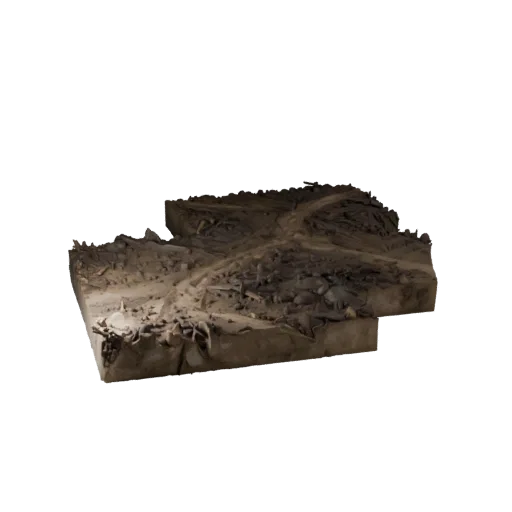 Muddy Battlefield Ground Unity 3D model, isometric viewport view, showing layered soil, layered vegetation clusters.