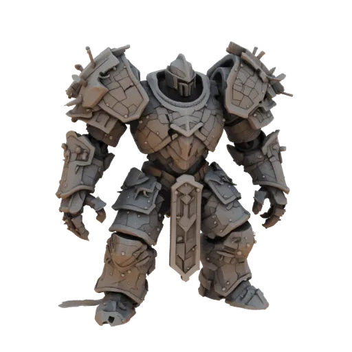 Modèle 3D de géant chevaleresque en armure massive rappelant des dalles de cathédrale, avec un châssis dorsal.