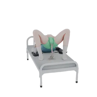 3D model of a figure lying on a hospital bed with a fluid spill, viewed from a slightly elevated angle.