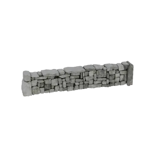 3D model of a weathered, dry-stone wall section with irregular stones and a rough texture, set against a black background.