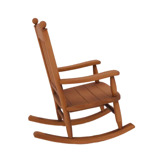 3D model of a wooden rocking chair with curved runners and a high back, rendered in warm wood tones.