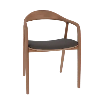 Un modèle 3D de fauteuil moderne avec un cadre en bois clair et un coussin d'assise et de dossier rembourré gris foncé, vu so