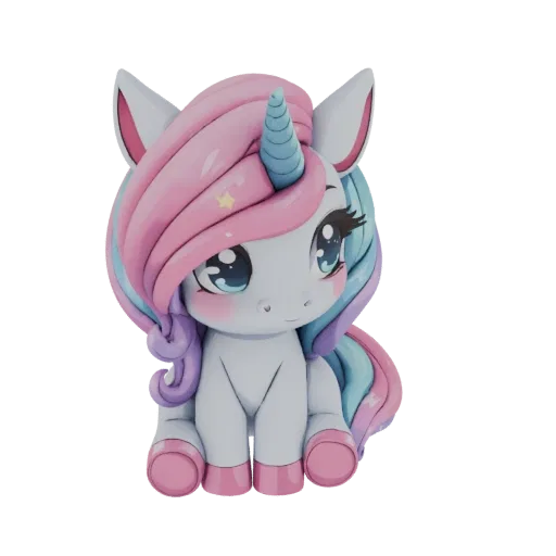 Render 3D di una graziosa figurina di unicorno chibi con grandi occhi blu e criniera pastello rosa e blu, seduta.
