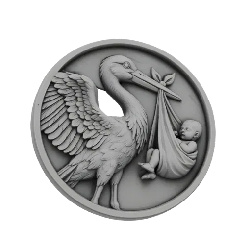 3D model of a bas-relief coin showing a stork carrying a baby in a cloth bundle.