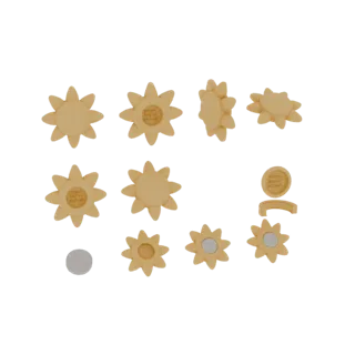 Una renderización 3D de varios imanes con forma de sol con detalles en relieve, mostrados sobre un fondo blanco.