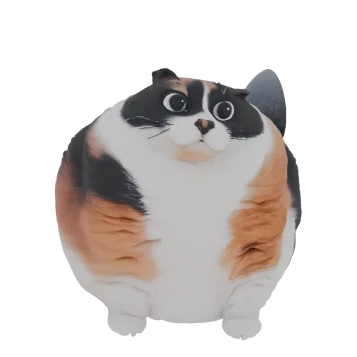 A 3D render of a very round calico cat figurine with large, surprised eyes and patches of black, white, and orange fur.