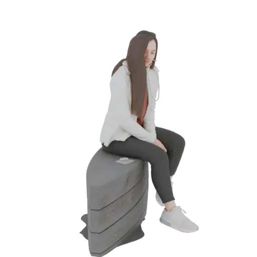 3D model of a young woman with long dark hair sitting on a modern gray bench, wearing a white hoodie and black pants.