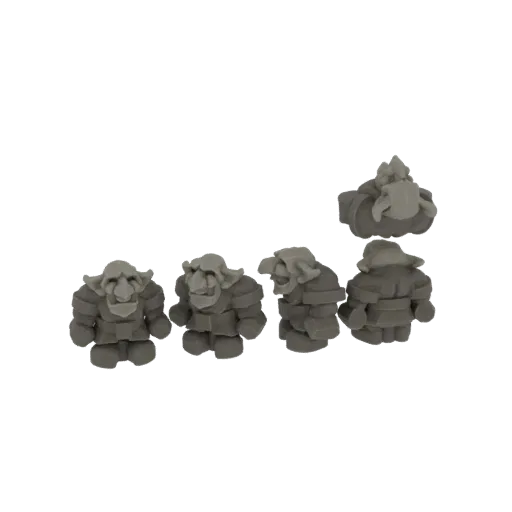 Un ensemble de cinq modèles 3D stylisés et costauds de gobelins guerriers disposés sur un fond blanc.