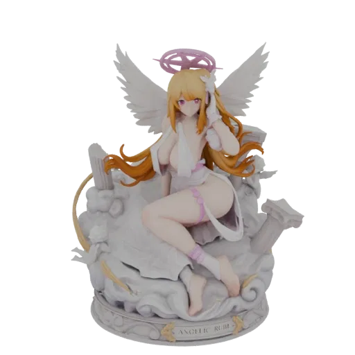 3D model of the Angelic Ruby, a blonde angel with white wings, wearing a white dress, seated on a cloud base with 'ANGELIC RU