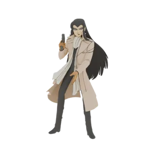 Modelo 3D de detective anime con cabello largo negro, gabardina beige y pistola, sobre fondo blanco.