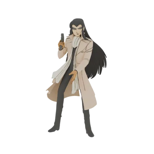 3D model of an anime detective with long black hair, wearing a beige trench coat and holding a gun, against a white backgroun