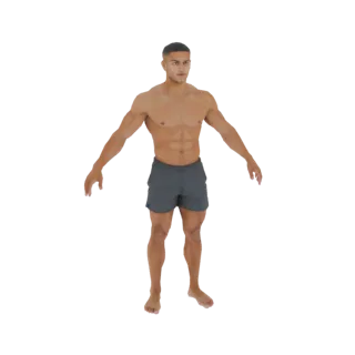 3D-Modell eines muskulösen Mannes mit definierten Bauchmuskeln und Armen, der eine graue Sporthose trägt und mit leicht ausge