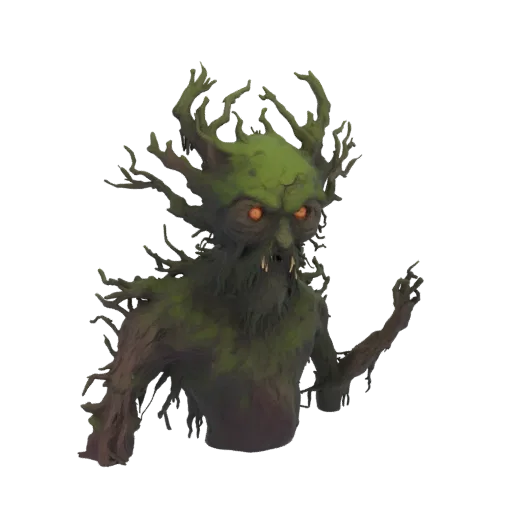 3D model of a green swamp creature with glowing orange eyes and dark, branching antlers, set against a white background.
