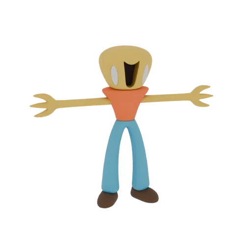 A 3D render of a stylized cartoon character with a yellow head, orange shirt, and blue pants, arms outstretched in a welcomin
