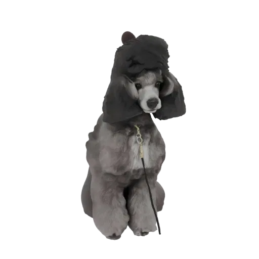 3D model of a grey poodle dog sitting down and wearing a dark hood, with a leash attached.
