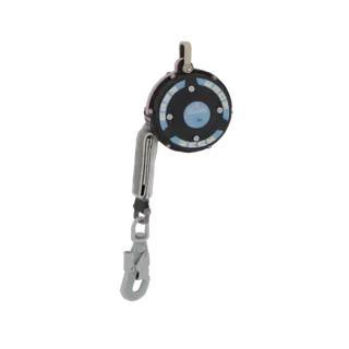 Modelo 3D de um retrátil anti-queda com gancho de metal cinza e carcaça circular preta.