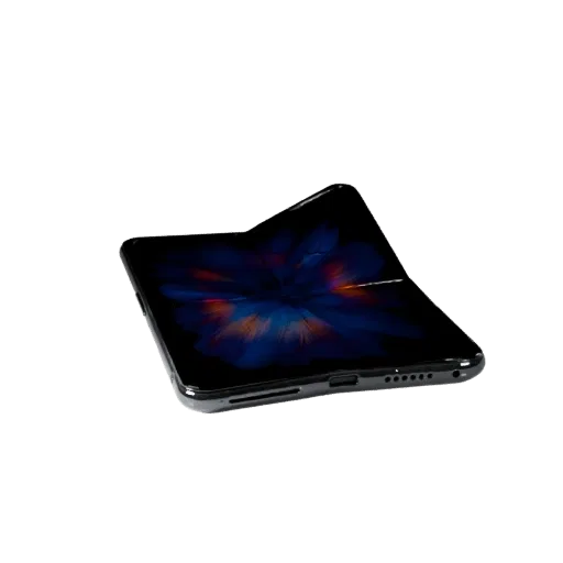Foldable Gaming Phone 3D model, three-quarter front view, Unity viewport, showing glass screens, form detail.